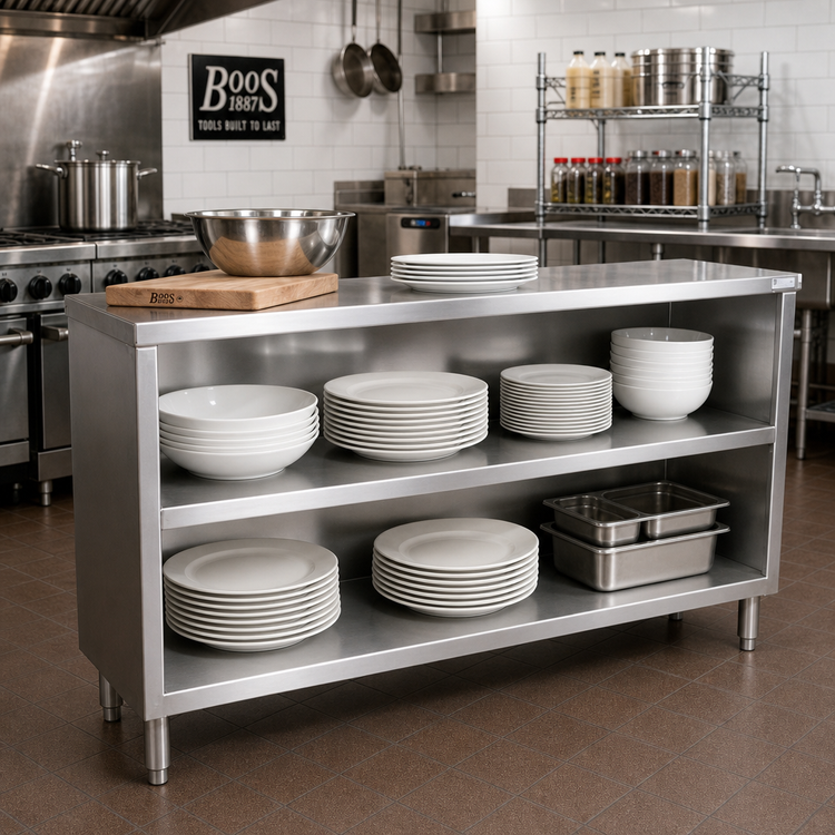 Product image #3 for John Boos Open Front Stainless Steel Dish Cabinet with Mid-Shelf, 60 x 18 x 35 Inches