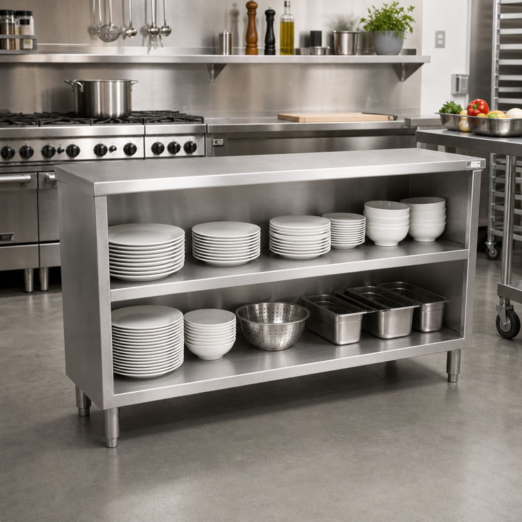 Product image #3 for John Boos Open Front Stainless Steel Dish Cabinet with Mid-Shelf, 60 x 18 x 35 Inches