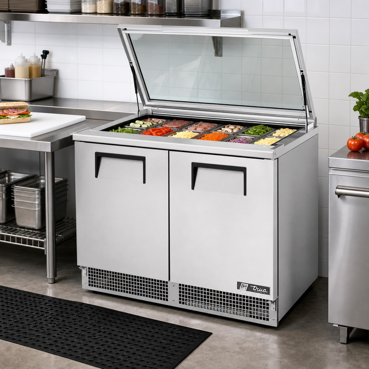 Product image #2 for 48-Inch Two-Section Refrigerated Sandwich/Salad Prep Table with Heavy-Duty Flat Glass Lid and 18-Pan Top