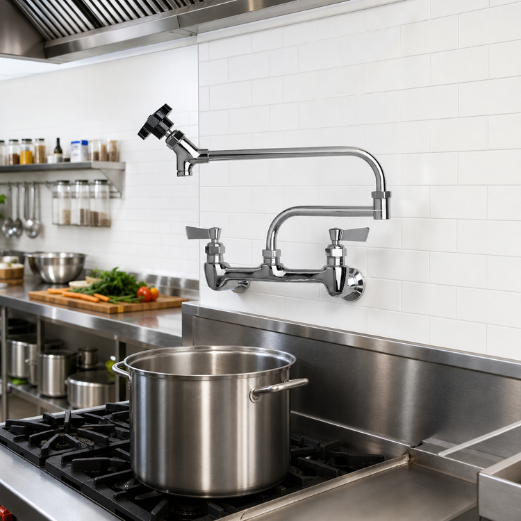 Product image #2 for Low-Lead Adjustable Wall-Mount Pot Filler Faucet with 18-Inch Double-Joint Swing Spout