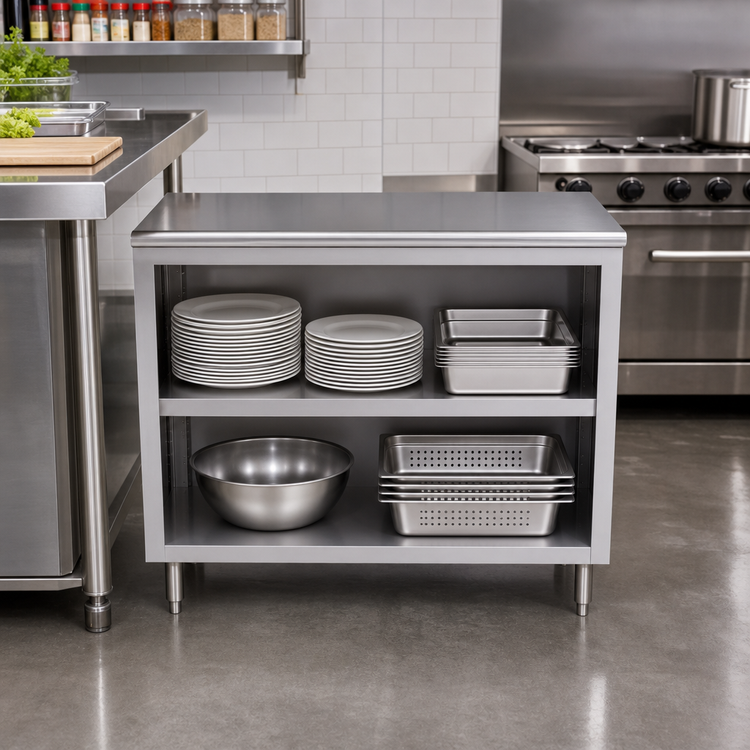 Product image #2 for 36-Inch Wide Open Front Stainless Steel Enclosed Base Dish Cabinet with Adjustable Shelf