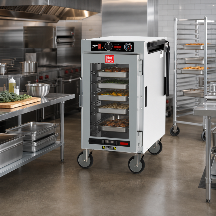 Product image #3 for Metro HotBlox Narrow 8-Pan Mobile Pass-Thru Insulated Holding Cabinet with Analog Control, Clear Front Door and Solid Rear Door