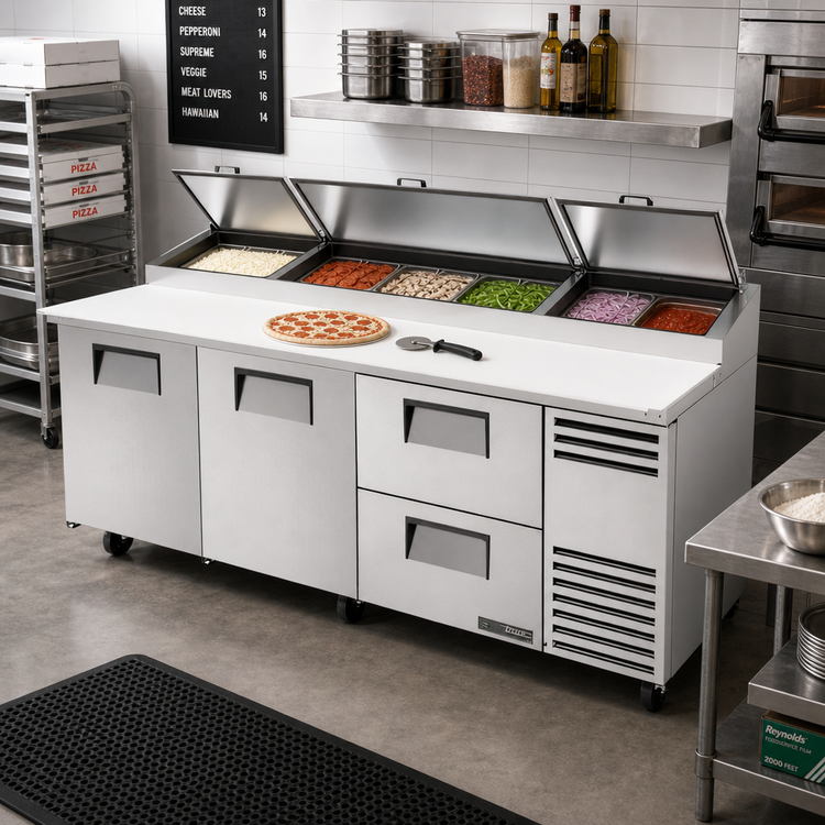 Product image #2 for True 93.5-Inch 2-Section Pizza Prep Table with 2 Drawers, 2 Doors, and White Poly Cutting Board