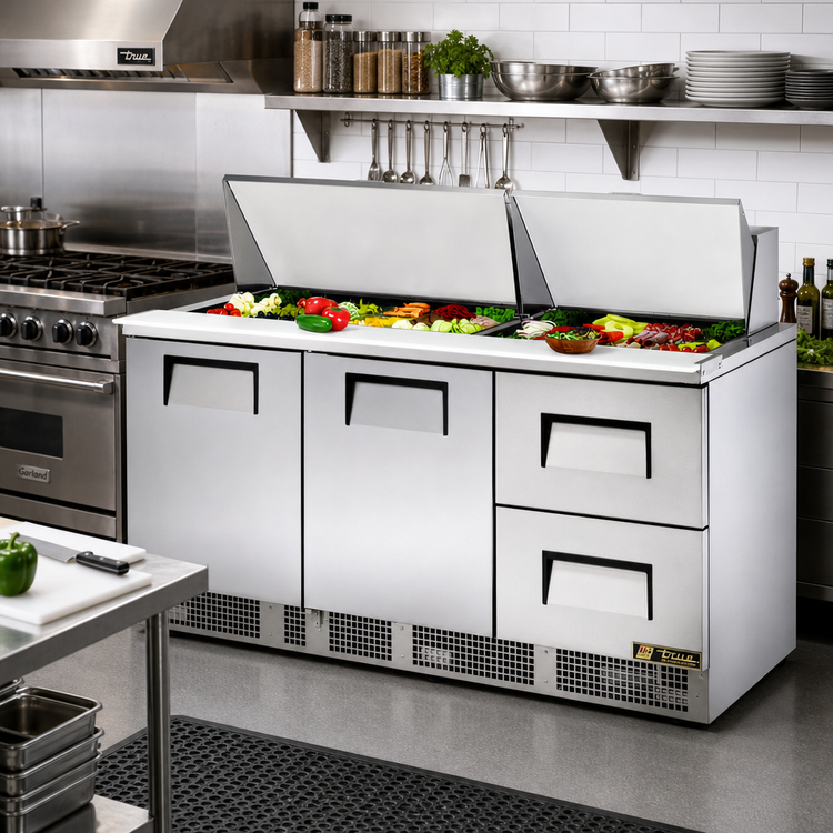 Product image #2 for 72-Inch Three-Section Sandwich/Salad Prep Table with Doors and Drawers, Rear-Mounted Self-Contained Refrigeration, 30-Pan Top Capacity