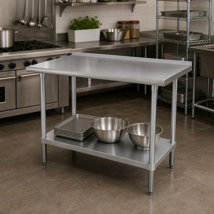 Product image #2 for Advance Tabco FMG-240 30 x 24 Inch 304 Stainless Steel Work Table with 1-1/2 Inch Rear Backsplash and Adjustable Galvanized Undershelf