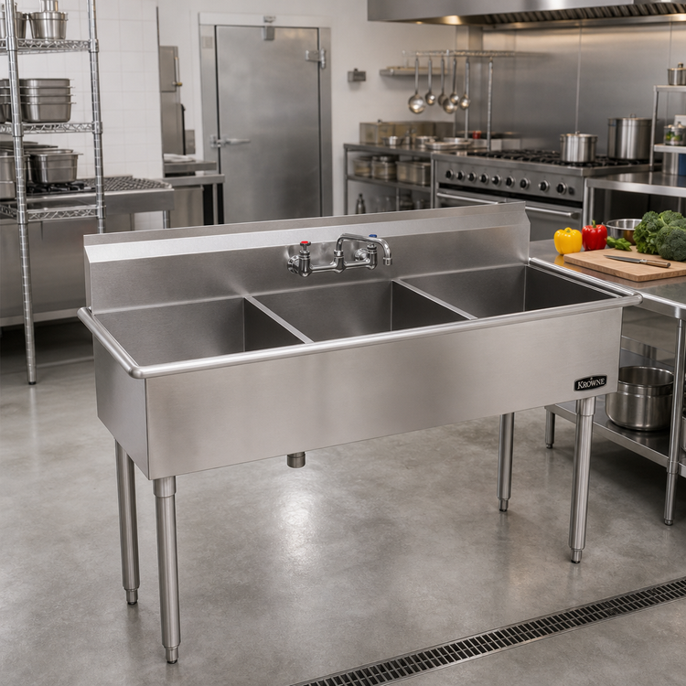 Product image #2 for Krowne Royal Series 3-Compartment Basin Sink, 57"W x 21-1/2"D, 18-Gauge 304 Stainless Steel, with Splash-Mount Faucet