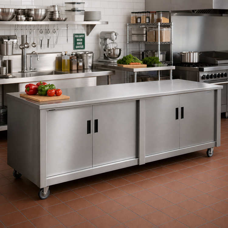 Product image #2 for Advance Tabco 84-Inch x 30-Inch Enclosed Stainless Steel Work Table with Cabinet Base, Mid-Shelf, and Hinged Doors