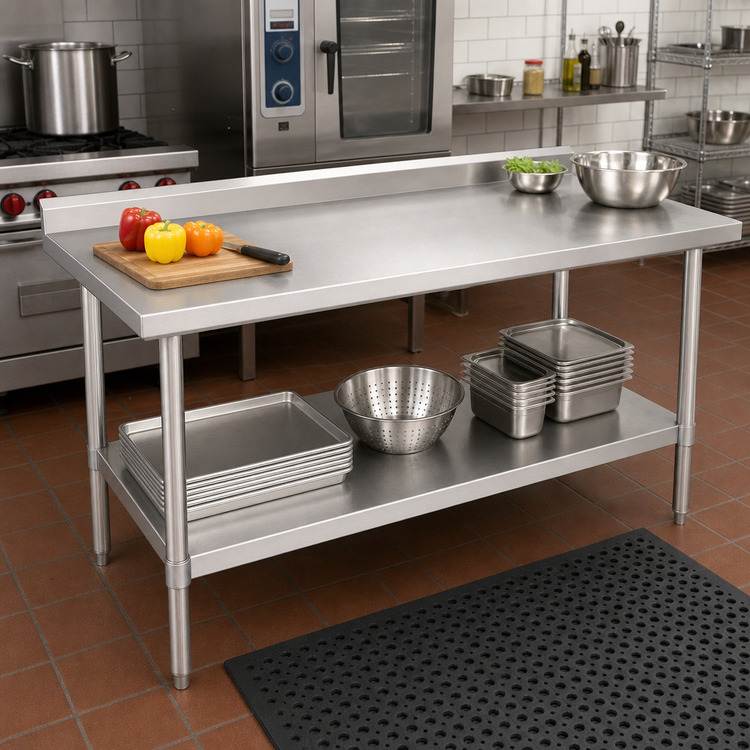 Product image #2 for John Boos Stallion Economy Stainless Steel Work Table, 84-Inch x 30-Inch, 5-Inch Backsplash, Adjustable Undershelf