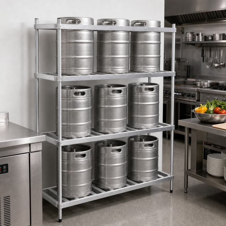 Product image #2 for Omcan USA Aluminum 6-Keg Rack, 60 Inch W x 20 Inch D x 76 3/8 Inch H