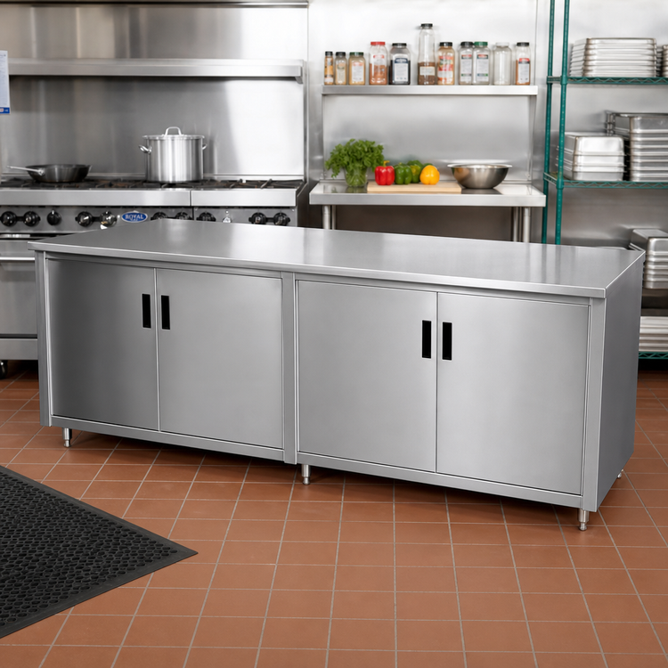 Product image #2 for Advance Tabco Special Value 84-Inch x 24-Inch Enclosed Work Table with Cabinet Base and Hinged Doors, 16-Gauge 304 Stainless Steel Top