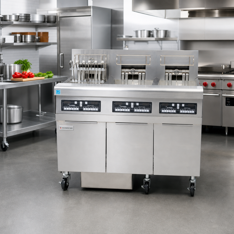 Product image #2 for Frymaster RE High Efficiency 3-Tank Electric Fryer Battery with Built-In Filtration, 50 lb Full Frypots, 17 kW Each