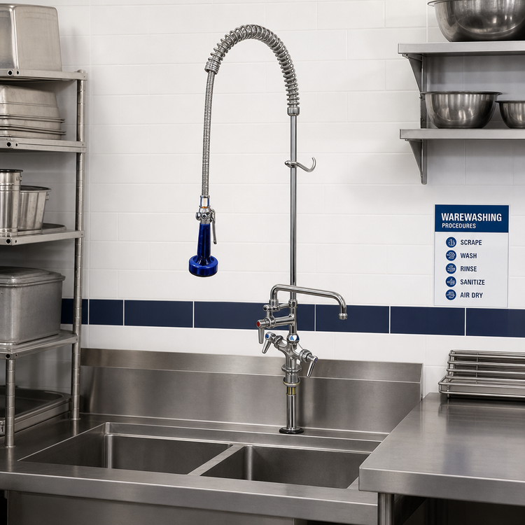 Product image #2 for T&S Brass EasyInstall Single-Hole Deck-Mount Pre-Rinse Mixing Faucet with Add-On Faucet, 6-Inch Swing Nozzle, 24-Inch Riser and 44-Inch Hose