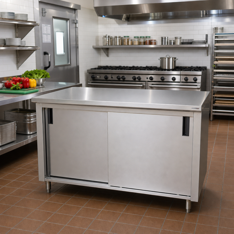 Product image #2 for Advance Tabco Special Value Economy Enclosed Work Table with Sliding Doors, 120 x 30 Inches, 16 Gauge 304 Stainless Steel Top