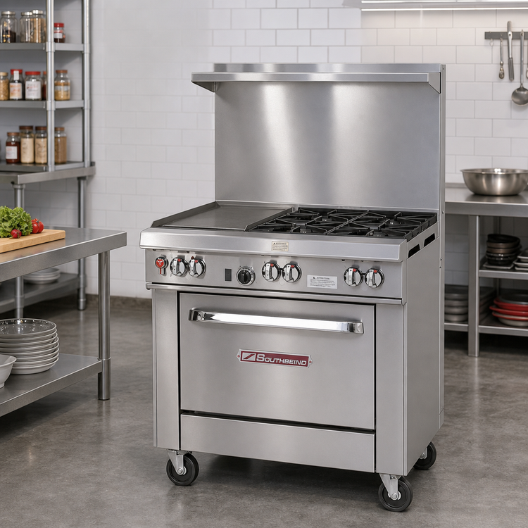 Product image #2 for Southbend Ultimate 36-Inch Gas Restaurant Range with 1/2-Inch Thermostatic Griddle, Cabinet Base, and Backriser Shelf