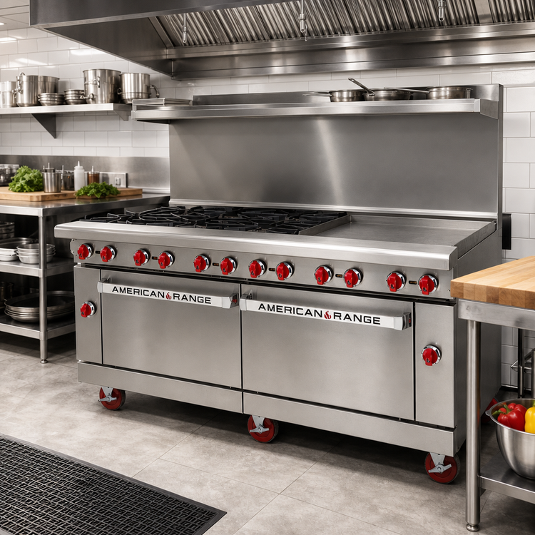 Product image #2 for American Range AR-24G-8B-CC 72-Inch Gas Restaurant Range with 24-Inch Griddle, 8 Open Burners, and 2 Convection Ovens