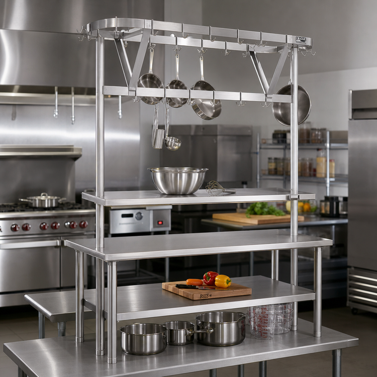 Product image #2 for Eagle Group TM36APR 28-Inch x 20-Inch Table-Mounted Triple-Bar Aluminum Pot Rack with 9 Double-Prong Stainless Steel Hooks for 36-Inch Tables