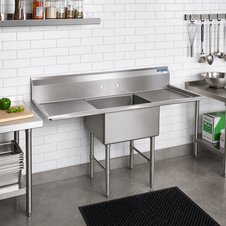 Product image #2 for One Compartment Double Drainboard Stainless Steel Sink with 18 x 24 x 14 Bowl, 24-Inch Drainboards, and Stainless Steel Legs