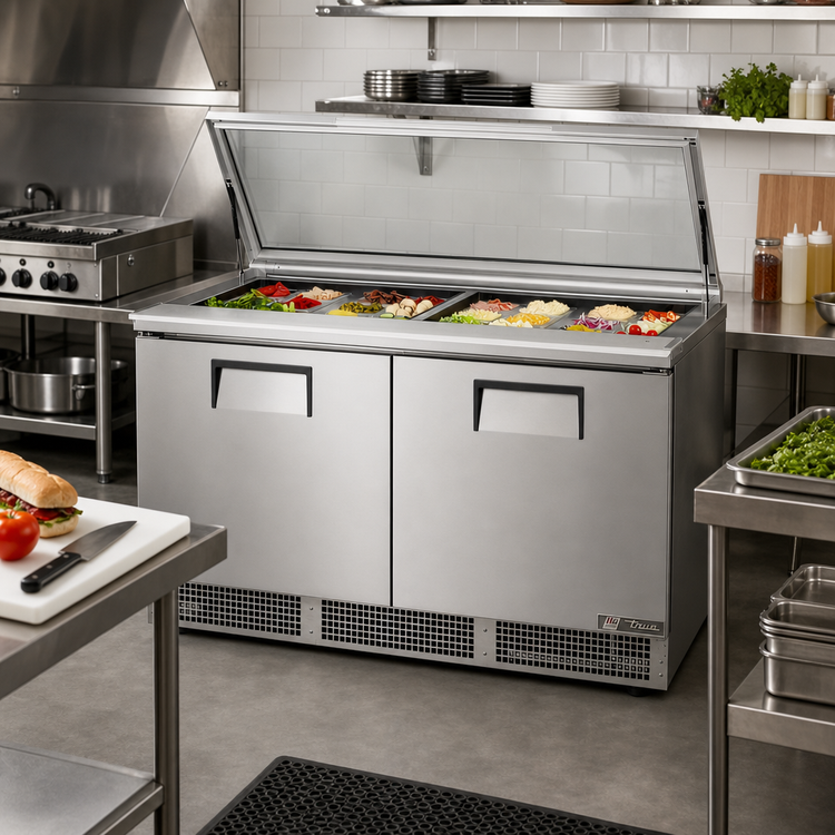 Product image #2 for True 64-Inch Two-Section Refrigerated Sandwich/Salad Prep Table with Flat Glass Lid and 24-Pan Top
