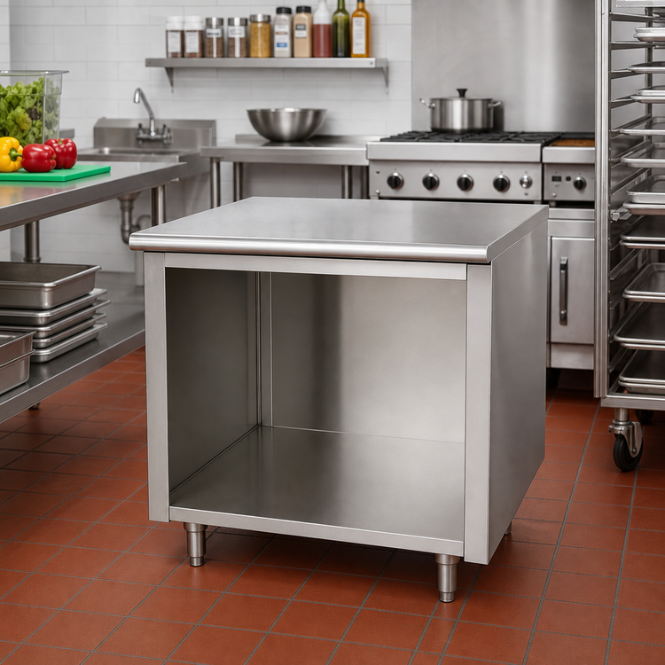 Product image #2 for Advance Tabco 36-Inch x 30-Inch Open Front Cabinet Base Work Table with 14 Gauge 304 Stainless Steel Top