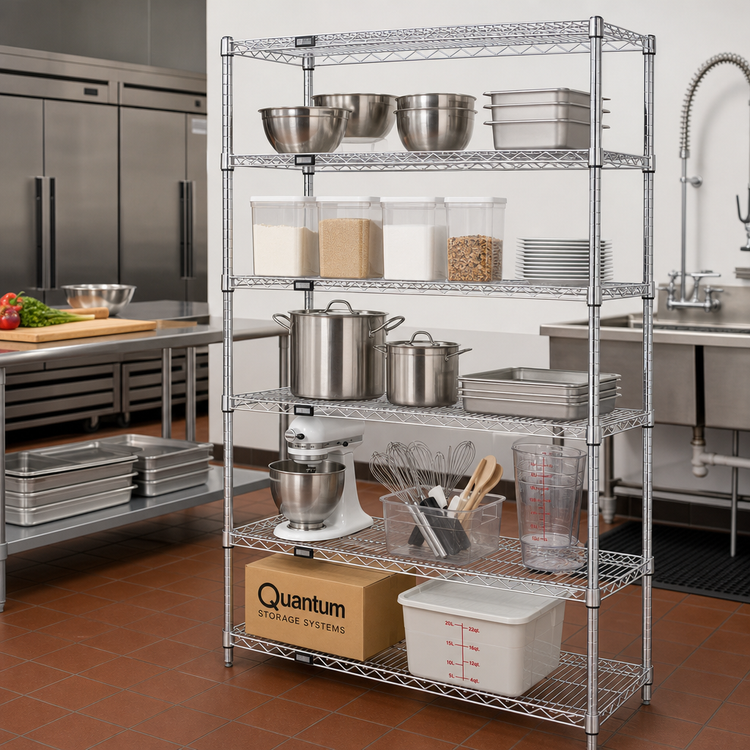 Product image #2 for Quantum Stationary Wire Shelving Starter Kit, 54" x 21" x 54", Chrome Plated, 5 Shelves