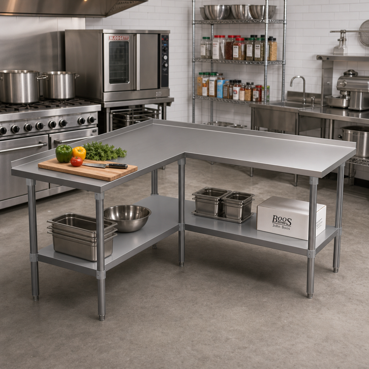 Product image #2 for John Boos L-Shaped Stainless Steel Corner Work Table with 16-Gauge Top and Adjustable Undershelf