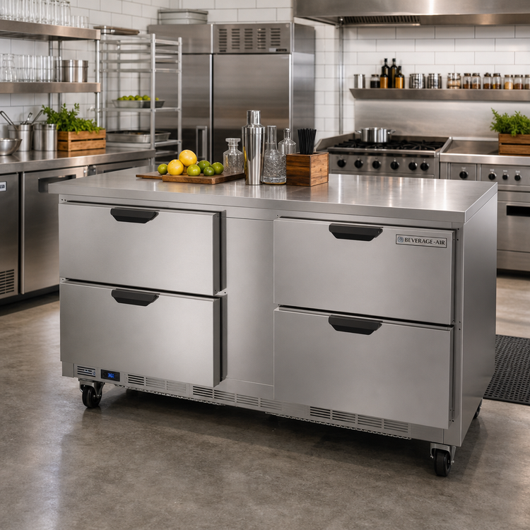 Product image #2 for Beverage-Air 60-Inch Two-Section Worktop Refrigerator with 4 Drawers, Flat Top