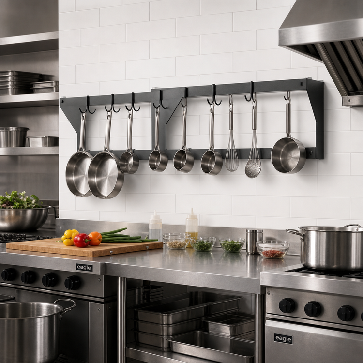 Product image #2 for Eagle Group 60-Inch Wall-Mounted Stainless Steel Double-Bar Pot Rack with 10 Hooks