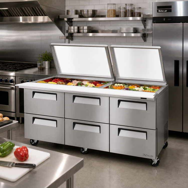 Product image #2 for Turbo Air Super Deluxe Three-Section Mega Top Sandwich/Salad Prep Table with Glass Lid, 30-Pan Top, 6 Drawers
