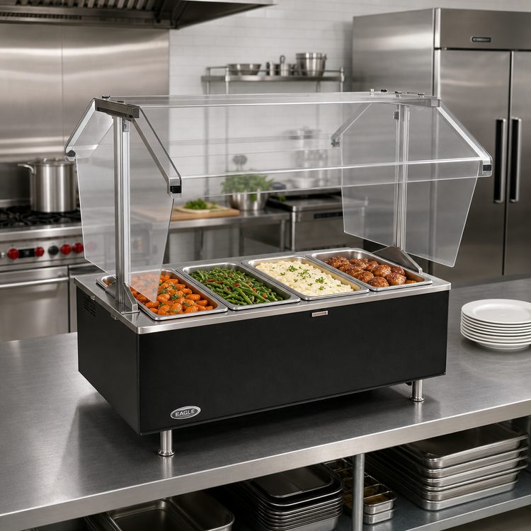 Product image #2 for Eagle Service Mate Deluxe 4-Well Countertop Electric Buffet Hot Food Table with Double-Sided Sneeze Guard, 63-5/8 Inch, 240V, 3-Phase