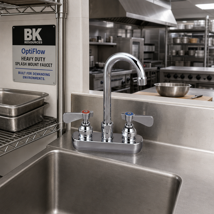 Product image #2 for BK Resources OptiFlow Heavy Duty Splash Mount Solid Body Faucet with 3-Inch Gooseneck Spout, 4-Inch Centers