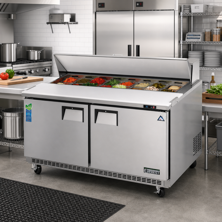 Product image #2 for Everest Refrigeration 59-1/8 Inch Two-Section Sandwich Prep Table with Rear-Mounted Self-Contained Refrigeration and 16-Pan Top