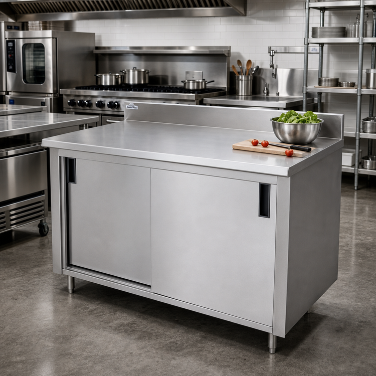 Product image #2 for Advance Tabco 72 Inch x 30 Inch Enclosed Work Table with Cabinet Base, Sliding Doors, and 5 Inch Backsplash