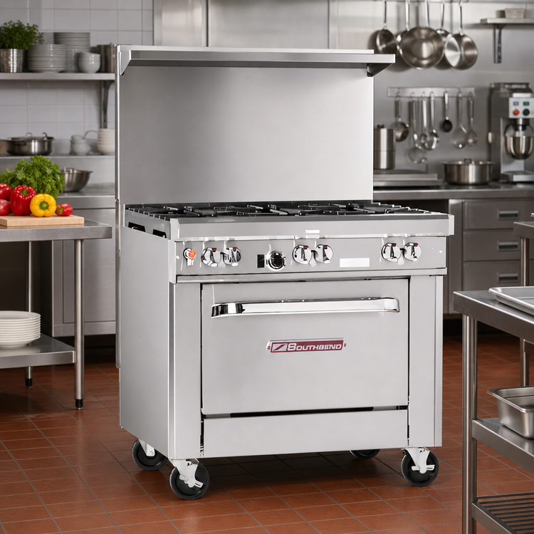 Product image #2 for Southbend Ultimate 36-Inch Gas Restaurant Range with 6 Star/Sauté Burners, Cabinet Base, and High Shelf