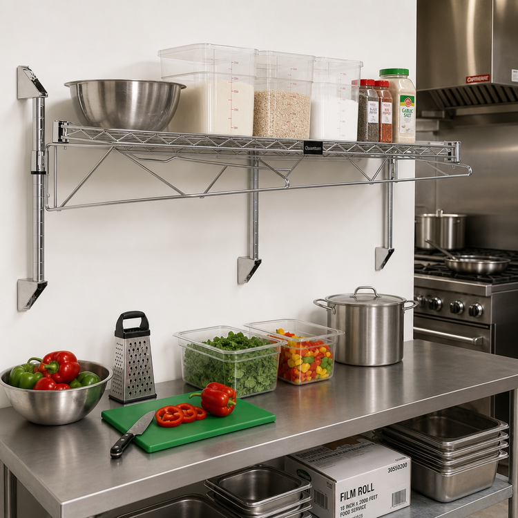Product image #2 for Quantum Wall-Mount Cantilever Wire Shelving Unit with Single 72 x 14 Inch Shelf, Chrome Plated