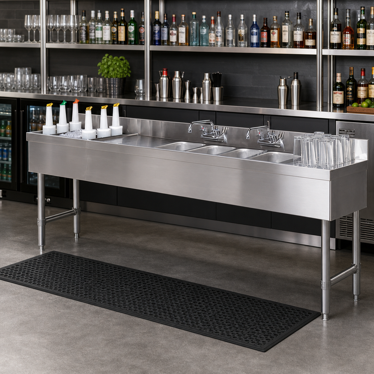 Product image #2 for Advance Tabco Underbar Basics 96-Inch Stainless Steel 3-Compartment Bar Sink and Ice Bin Combo, Left Ice Bin, with Splash-Mount Faucet