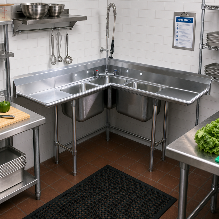 Product image #2 for Advance Tabco 3-Compartment Corner Sink with 30-Inch Left- and Right-Hand Drainboards, 8-Inch Backsplash, and Open Frame Base
