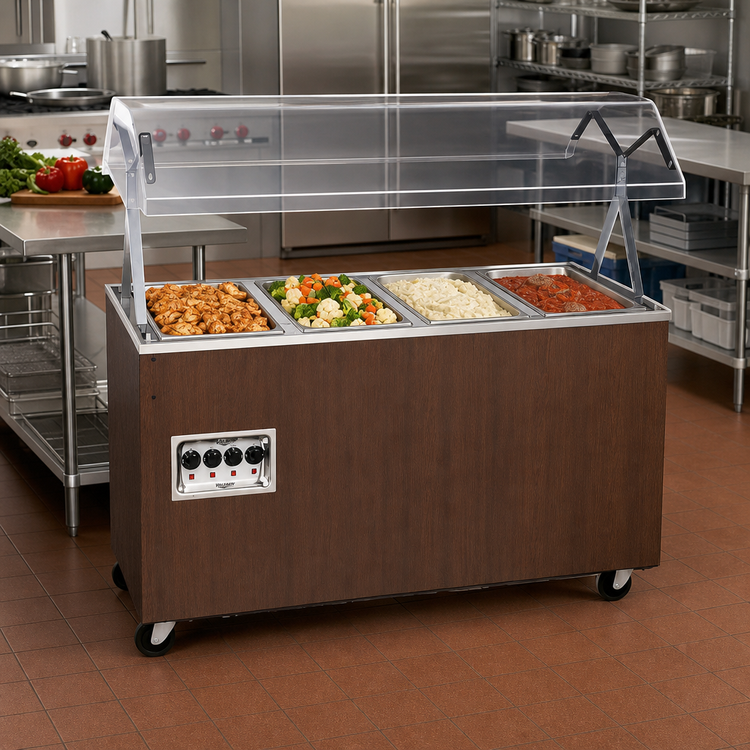 Product image #2 for Vollrath 2-Series Affordable Portable 4-Well Mobile Hot Food Station with Buffet Breath Guard, Enclosed Base, Walnut Woodgrain, 208-240V