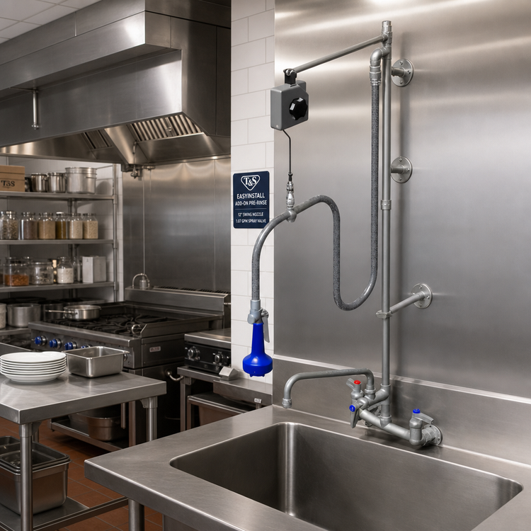 Product image #2 for T&S Brass EasyInstall Wall-Mounted Pre-Rinse Add-On Faucet with 12-Inch Swing Nozzle and 1.07 GPM Spray Valve