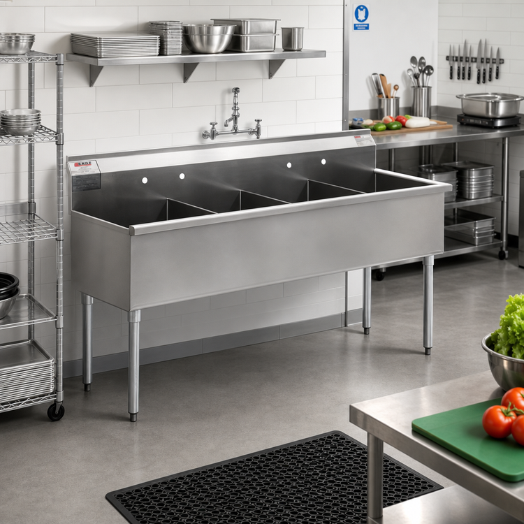 Product image #2 for Four-Compartment Freestanding Utility Sink, 73-3/8 Inch Wide, 16-Gauge 430 Stainless Steel, 8 Inch Backsplash