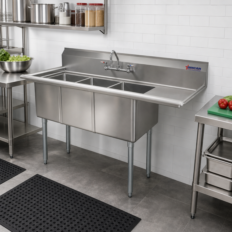 Product image #2 for Omcan USA 3-Compartment Pot Sink with Right-Hand Drainboard, 304 Stainless Steel