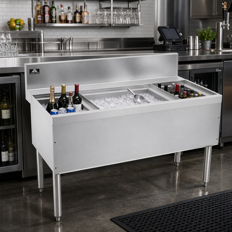 Product image #2 for Advance Tabco Prestige 54-Inch Stainless Steel Bar Ice Bin with 10-Circuit Cold Plate and Bottle Storage Racks