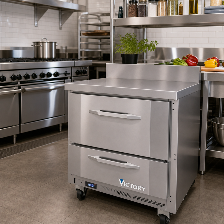 Product image #2 for Victory Refrigeration 27-Inch One-Section Stainless Steel Worktop Drawer Freezer, 2 Drawers, Rear-Mounted Self-Contained R290
