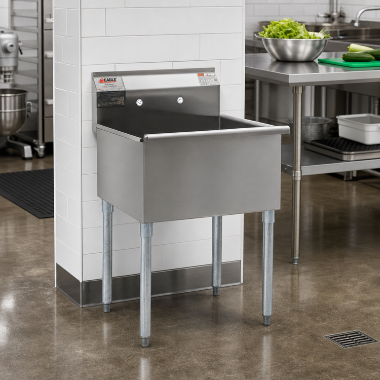 Product image #2 for Eagle Group One-Compartment 430 Stainless Steel Utility Sink with 8-Inch Backsplash and Galvanized Legs