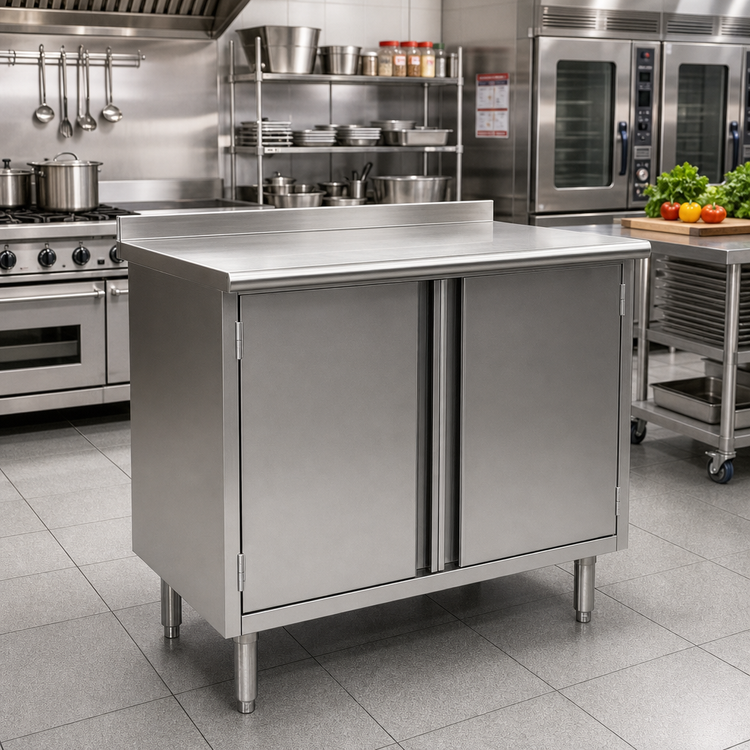 Product image #2 for Spec-Master 60 Inch x 24 Inch 14-Gauge 304 Stainless Steel Enclosed Work Table with Cabinet Base and Hinged Doors
