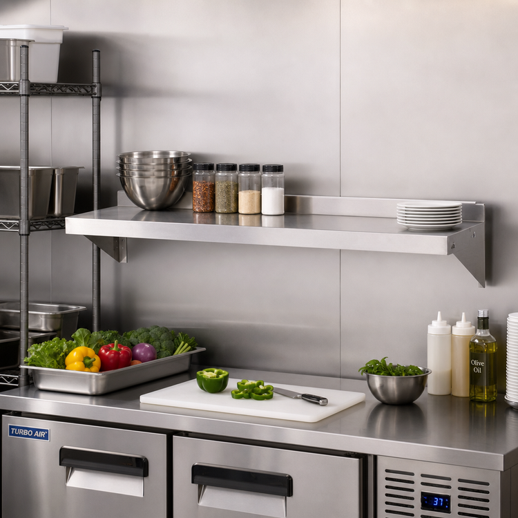 Product image #2 for Turbo Air 72-Inch x 14-Inch Wall-Mounted 304 Stainless Steel Shelf with 2-Inch Rear Up-Turn