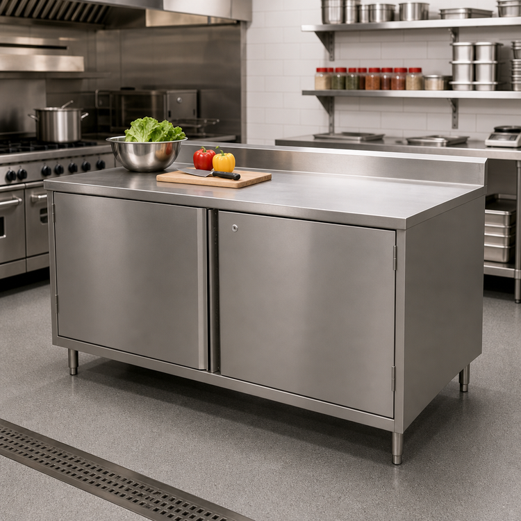 Product image #2 for BK Resources Stainless Steel Enclosed Work Table Cabinet Base with Hinged Locking Doors, 72 x 30 x 39-3/4 Inches, 5-Inch Backsplash