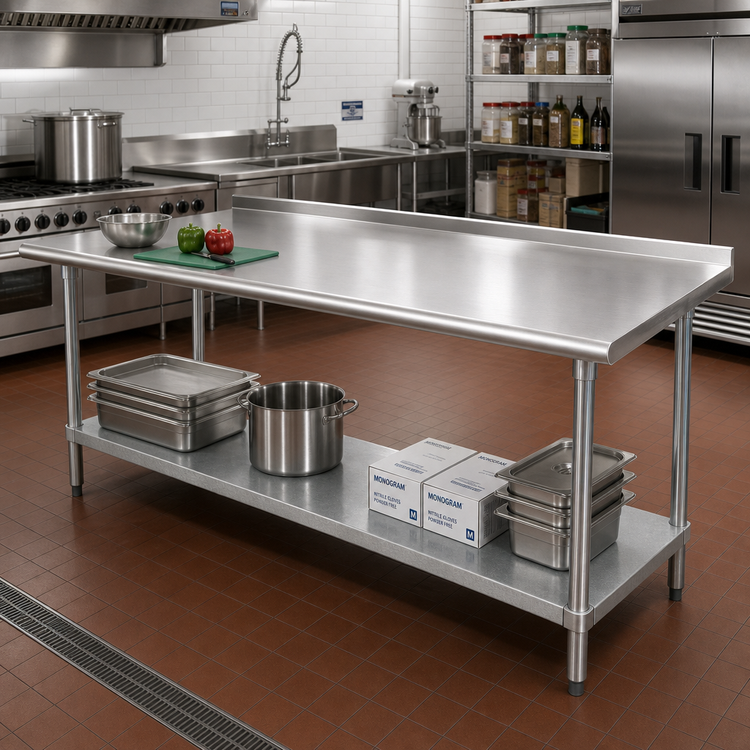 Product image #2 for Advance Tabco 144-Inch x 36-Inch 304 Stainless Steel Work Table with 1-1/2-Inch Rear Up-Turn, Galvanized Undershelf and Legs