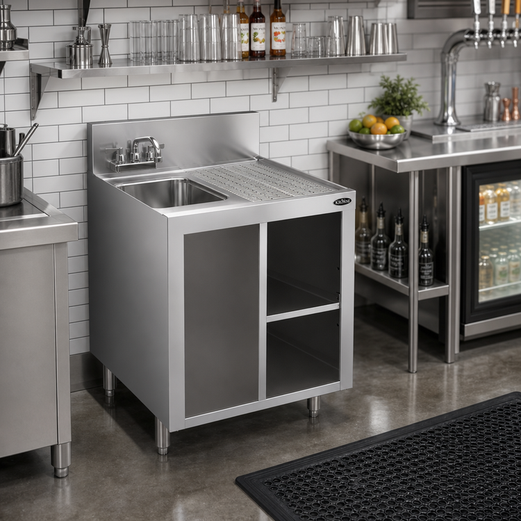Product image #2 for Krowne Royal Series 24-Inch Stainless Steel Open Front Underbar Wet Waste Cabinet with Left Sink and Right Drainboard