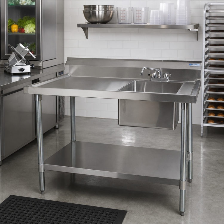 Product image #2 for BK Resources 72-Inch x 30-Inch Stainless Steel Sink Table with Right-Side Prep Sink, Backsplash, and Undershelf
