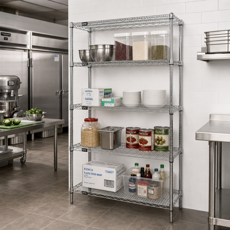 Product image #2 for Quantum Stationary Chrome Wire Shelving Starter Kit, 42 x 18 x 74 Inches, 4 Shelves